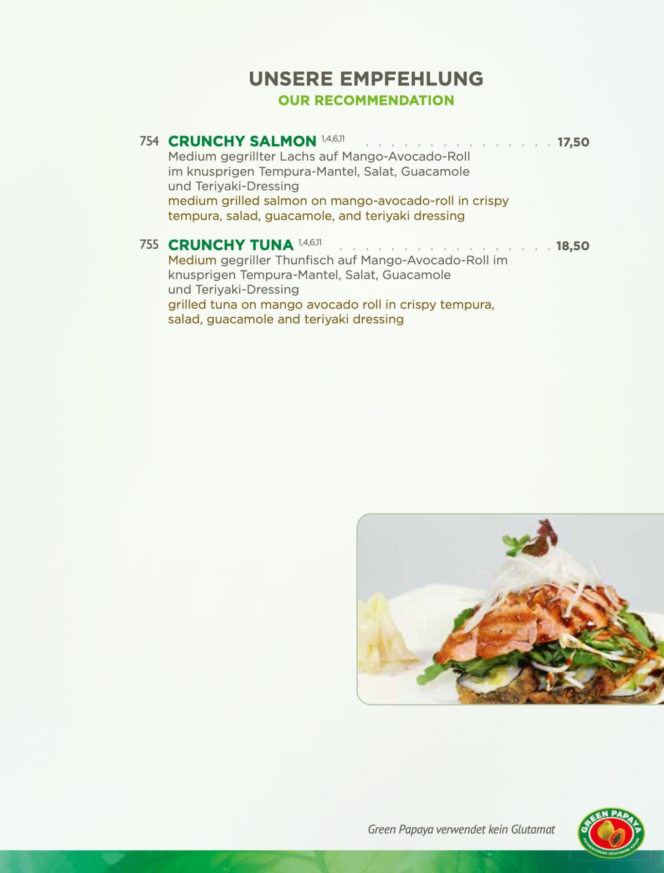 Unsere Empfehlung Speisekarte mit Empfehlungen für Chicken Salad und Chicken Pasta.